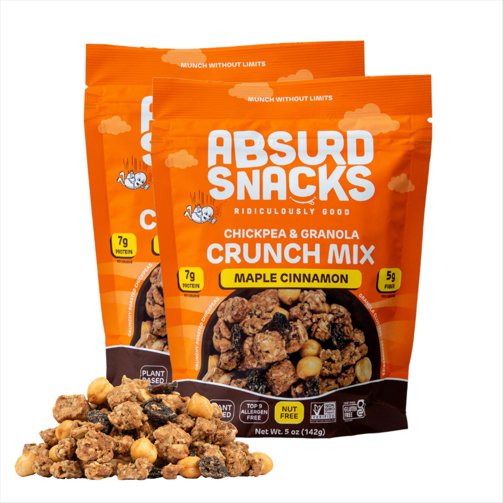 Absurd Snacks front pack showing maple cinnamon flavor and nut‑free benefit