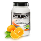 Accelerade front packaging showing orange flavor and 60 servings, convenient storage benefit