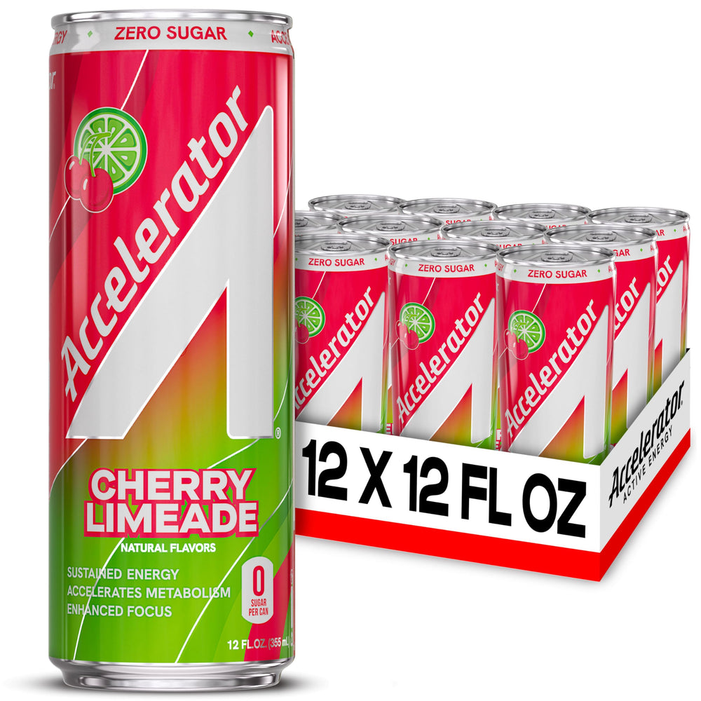 ACCELERATOR front packaging showing twelve Cherry Limeade cans and energy benefits