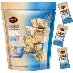Achva front packaging of 15-count sugarless halva minis showing branding and benefits