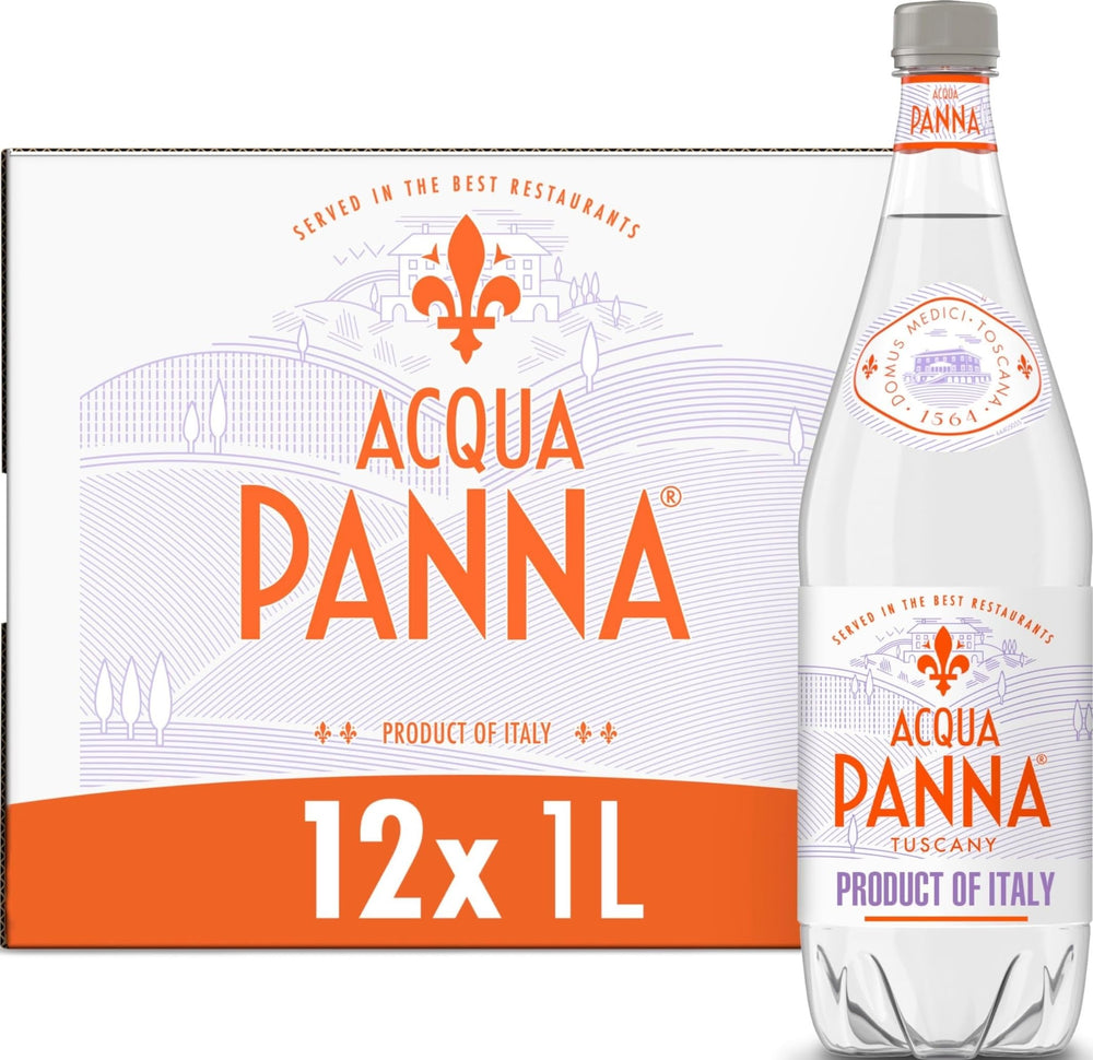 Acqua Panna front view of 1L bottle showing elegant label and easy-pour cap benefit