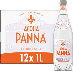 Acqua Panna front view of 1L bottle showing elegant label and easy-pour cap benefit