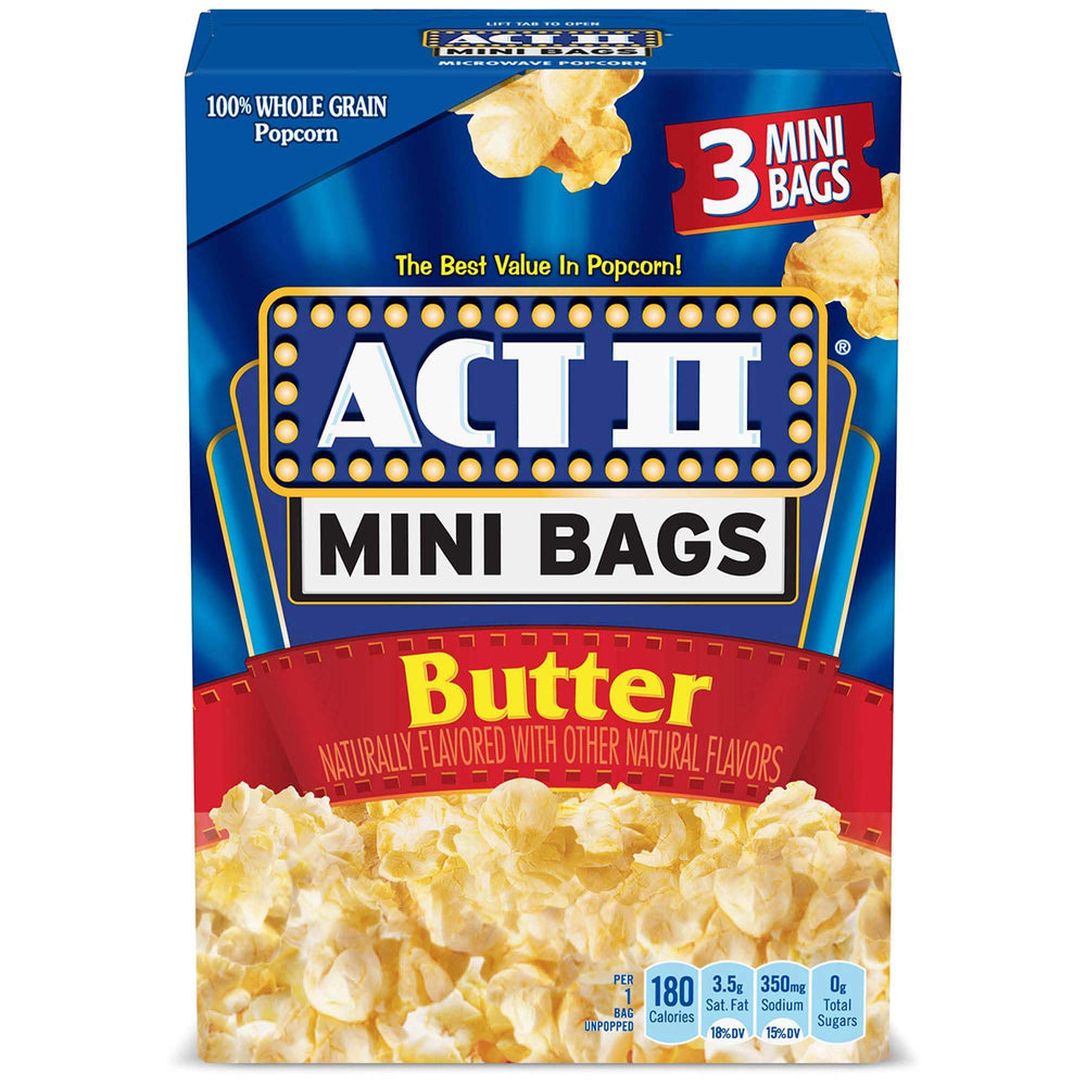 ACT II front packaging showing 12 boxes and 36 mini bags for quick serving