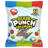Adams & Brooks front of bag showing 36-count sour lollipops and flavor variety
