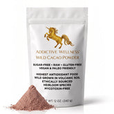 Addictive Wellness front packaging showing 12 oz mycotoxin-free cacao — clear ingredient benefit