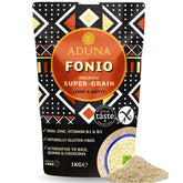 Aduna fonio front packaging showing 1kg bag and organic branding for pantry stocking