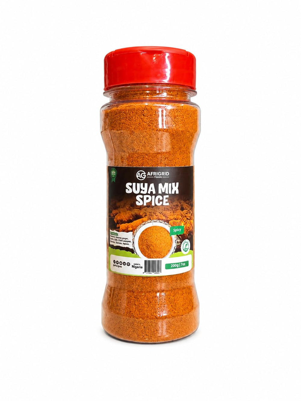 AFRIGRID suya spice front packaging showing label and 200g jar, authentic flavor boost