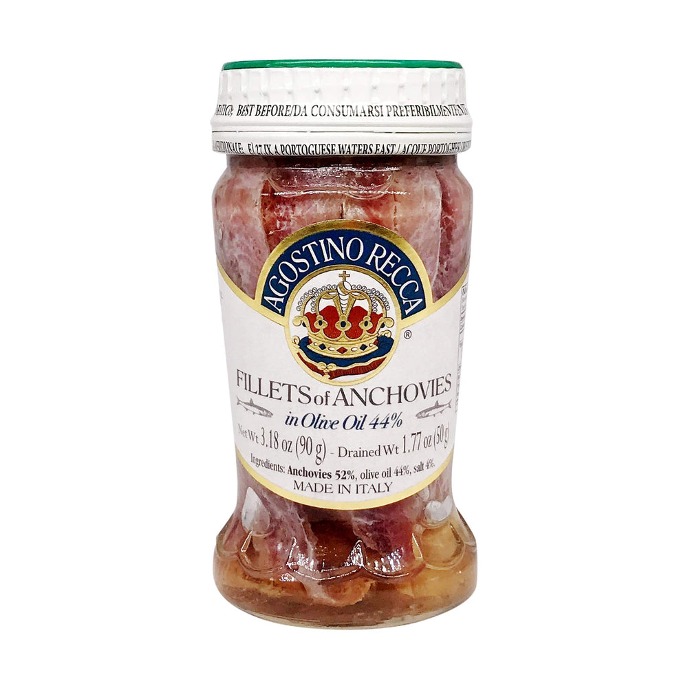 Agostino Recca jar front label showing brand and preserved anchovy fillets for authentic flavor