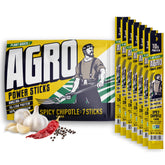 AGRO front packaging of spicy chipotle vegan jerky sticks showing seven-stick bag, convenient portable protein
