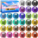 Aheroi front packaging showing 30 glitter jars and color names, enticing presentation