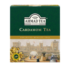 Ahmad Tea box front showing cardamom blend and 100 teabags for aromatic, bold cups