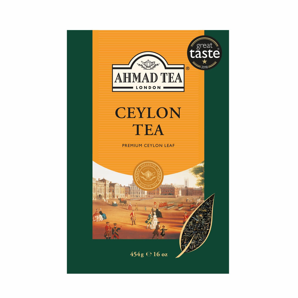 Ahmad Tea front packaging showing 454g loose-leaf and award details for clear purchase info