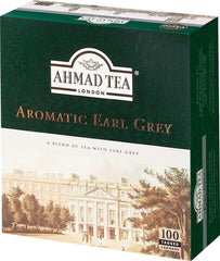 Ahmad Tea Earl Grey front packaging showing 100 teabags and bergamot aroma