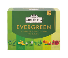 Ahmad Tea Evergreen front box showing six green tea varieties and gift-ready design