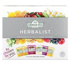 Ahmad Tea herbalist front packaging showing six-flavor assortment and foil-wrapped teabags for gifting