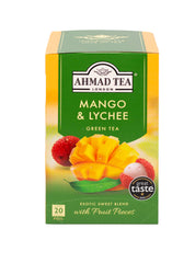 Ahmad Tea front packaging showing mango and lychee, highlights convenience