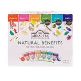 Ahmad Tea front packaging showing six natural benefit blends and 60 teabags for variety