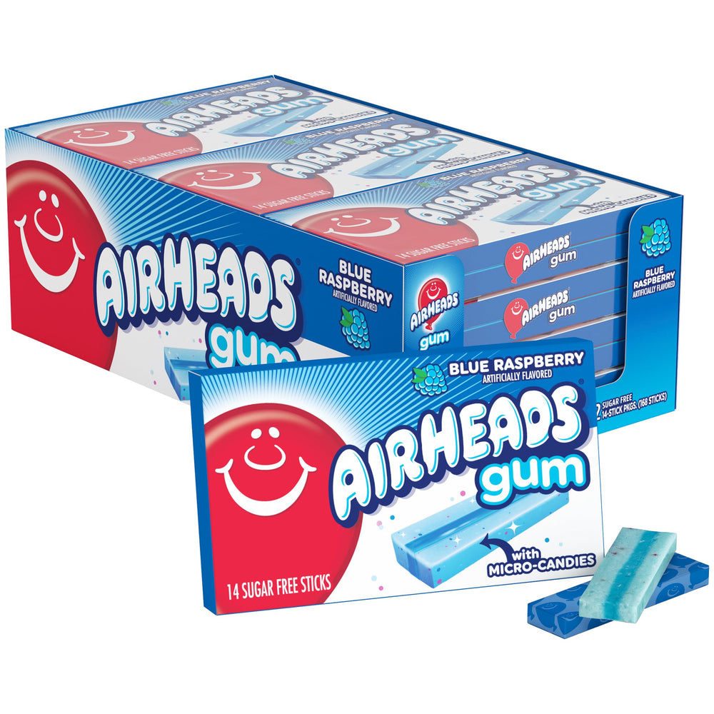 Airheads front packaging showing blue raspberry flavor and bulk 12-pack benefit
