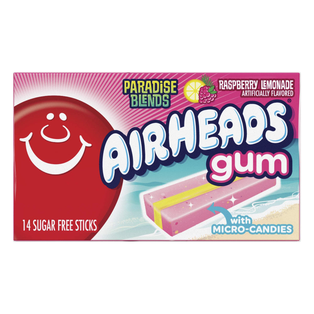 Airheads front packaging showing raspberry lemonade 14-stick box and sharing convenience