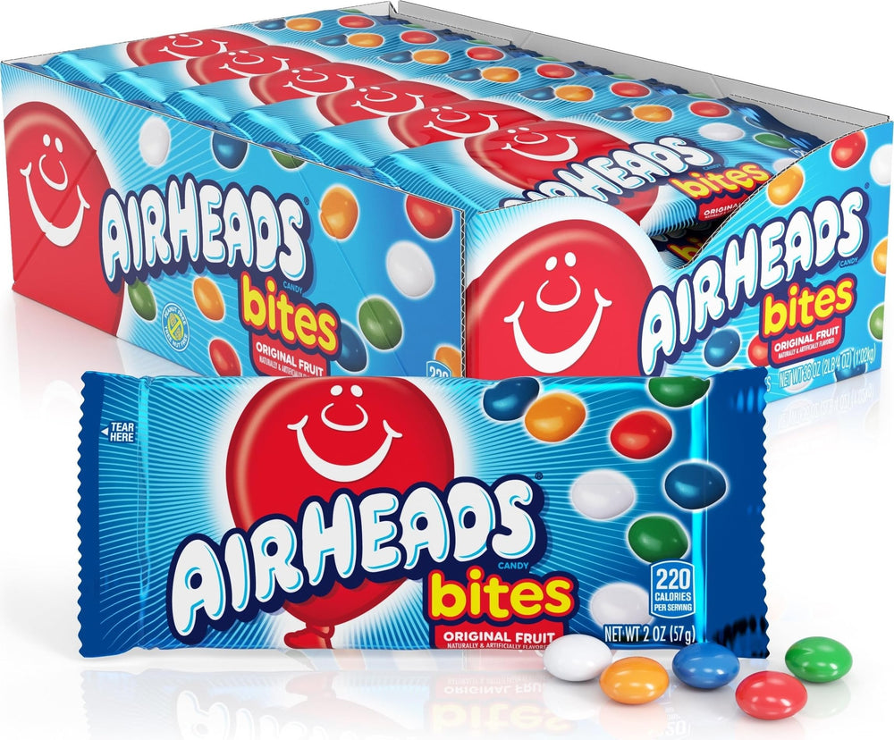 Airheads front packaging showing 18-pack and 2 oz bags for easy grabbing