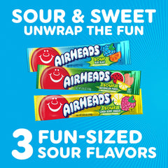 Airheads trio of Sour Watermelon Lemon Berry and Blue Blast showcasing flavor variety