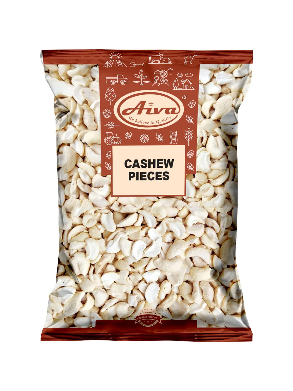 AIVA front packaging of 5 lb raw cashew pieces showing product and brand benefits