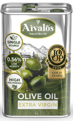 AIVALOS NATURAL OLIVE OIL front label showing origin and size, highlights authenticity