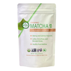 AIYA matcha front packaging showing certification and 100g bag for reliable sourcing