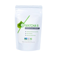 AIYA matcha front packaging showing 100g bag and branding, clear shelf appeal