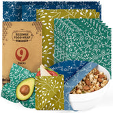 Akeeko front packaging showing nine assorted beeswax wraps and eco-friendly benefits