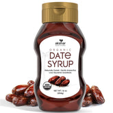 Akshar bottle front view showing organic date syrup and convenient 16 oz size benefit
