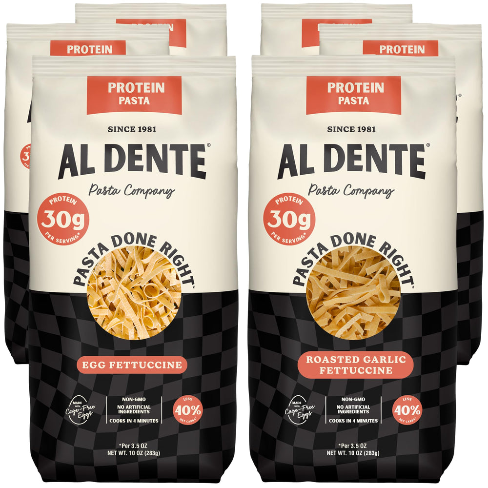 Al Dente front packaging showing protein garlic fettuccine with product benefits