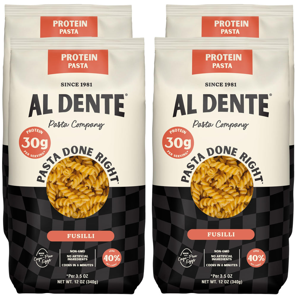 Al Dente package front showing fusilli and nutrition benefits