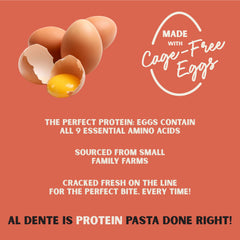 Al Dente plated fettuccine with sauce demonstrating high-protein meal appeal