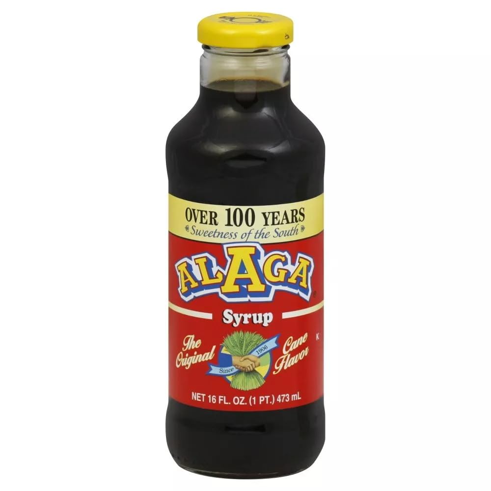 Alaga syrup front bottle view showing label and clear cane syrup, convenient serving