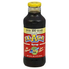 Alaga syrup front bottle view showing label and clear cane syrup, convenient serving