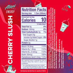 Alani Nu cherry slush angled can close-up of label and ingredients, highlights clean formulation