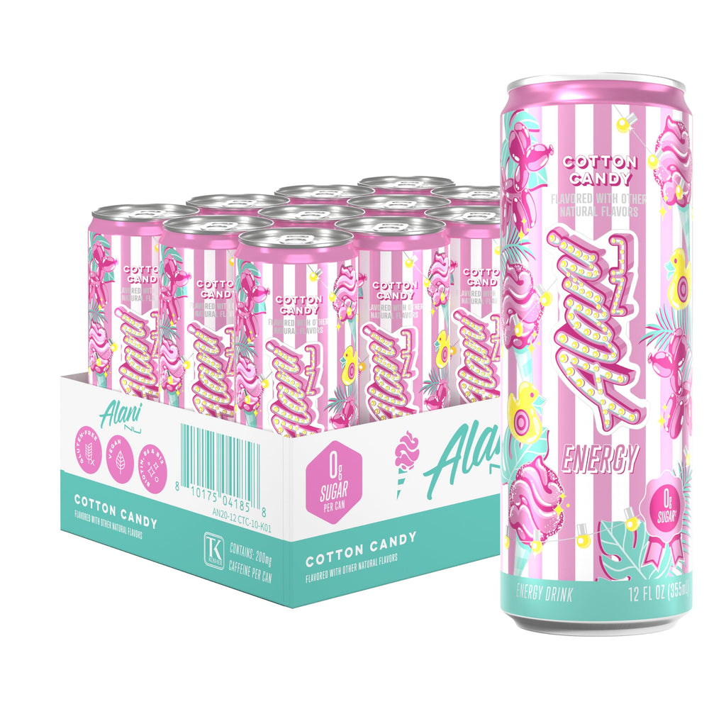 Alani Nu front can view showing cotton candy flavor and bold branding