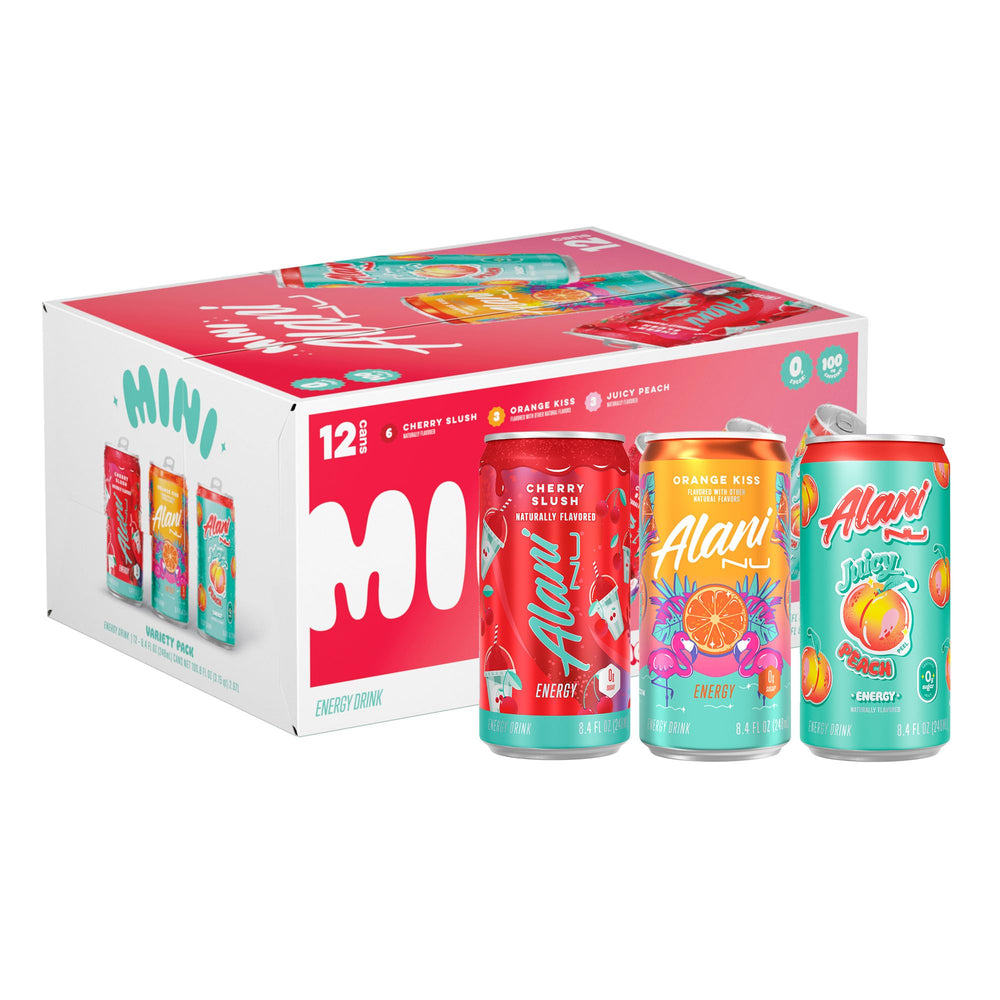 Alani Nu front packshot showing three-flavor variety and compact convenience