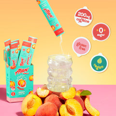 Prepared Alani Nu Juicy Peach drink in glass showing refreshing hydration