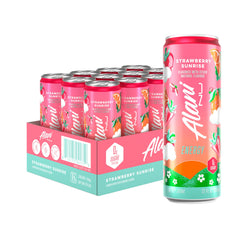 Alani Nu front packaging showing pack of 12 and bright strawberry benefit