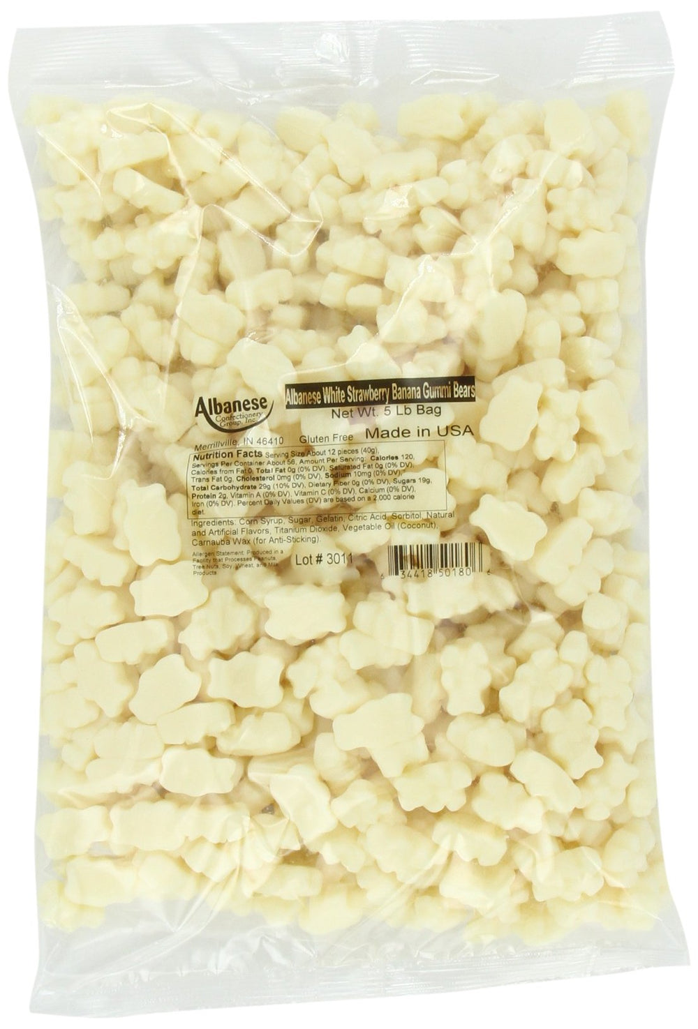 Albanese white strawberry-banana front packaging showing soft texture and bold flavor