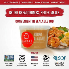 ALEIAS BEST. TASTE. EVER. open tub revealing light panko texture for crisp coatings