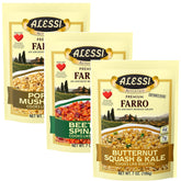 Alessi front packaging showing labeled seasoned farro and convenience benefits