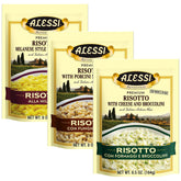 Alessi front packaging showing three-seasoned risotto pouches and benefits