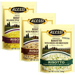 Alessi front packaging showing three-seasoned risotto pouches and benefits