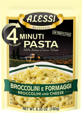Alessi broccolini & cheese front packaging shows product branding and quick-cook benefit