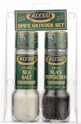 Alessi front view of grinder set showing sleek design and quick seasoning