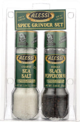 Alessi front view of grinder set showing sleek design and quick seasoning