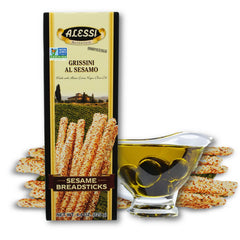 Alessi package front view showing sesame grissini, clear Italian branding and convenience